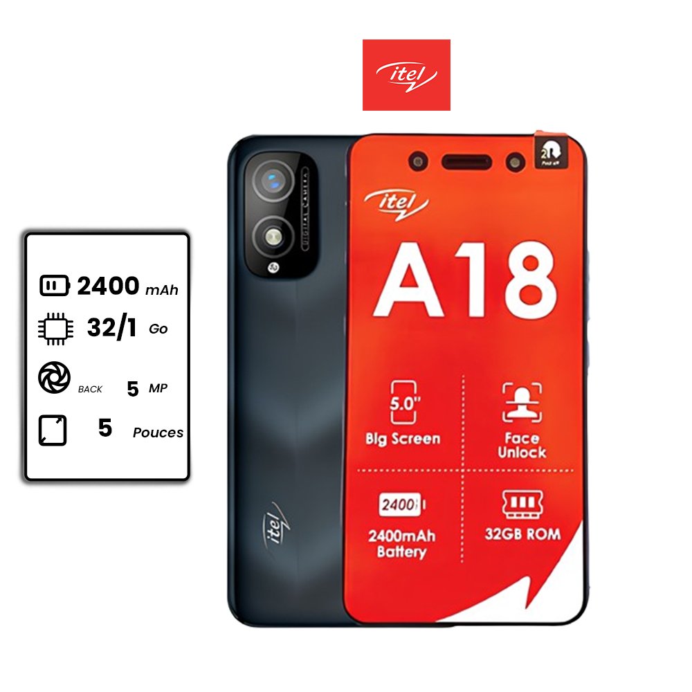 Itel A18 - 5" - 32go - 1go Ram - 3020mAh - 5MP - 2 sim